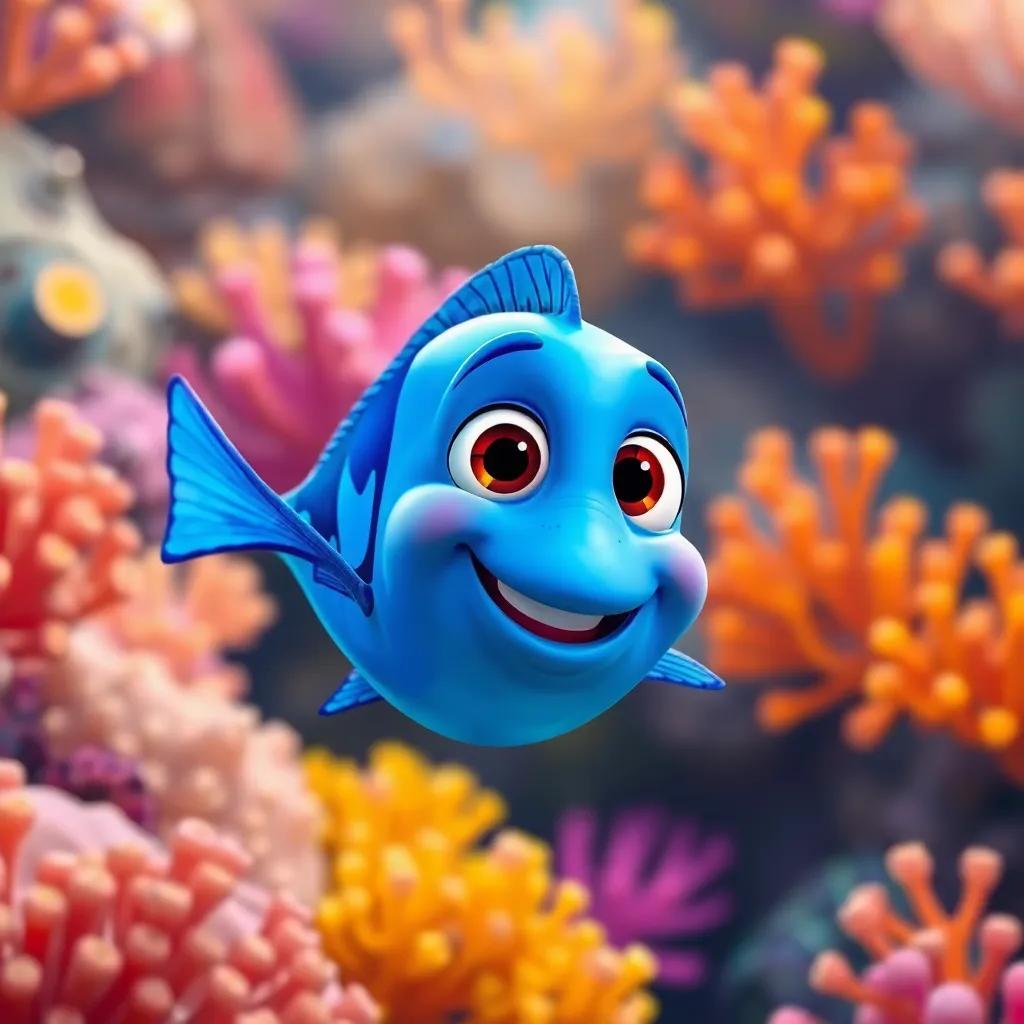 A small blue fish with a big smile swimming happily in a colorful coral reef, digital art, vibrant colors, cheerful atmosphere, high quality
