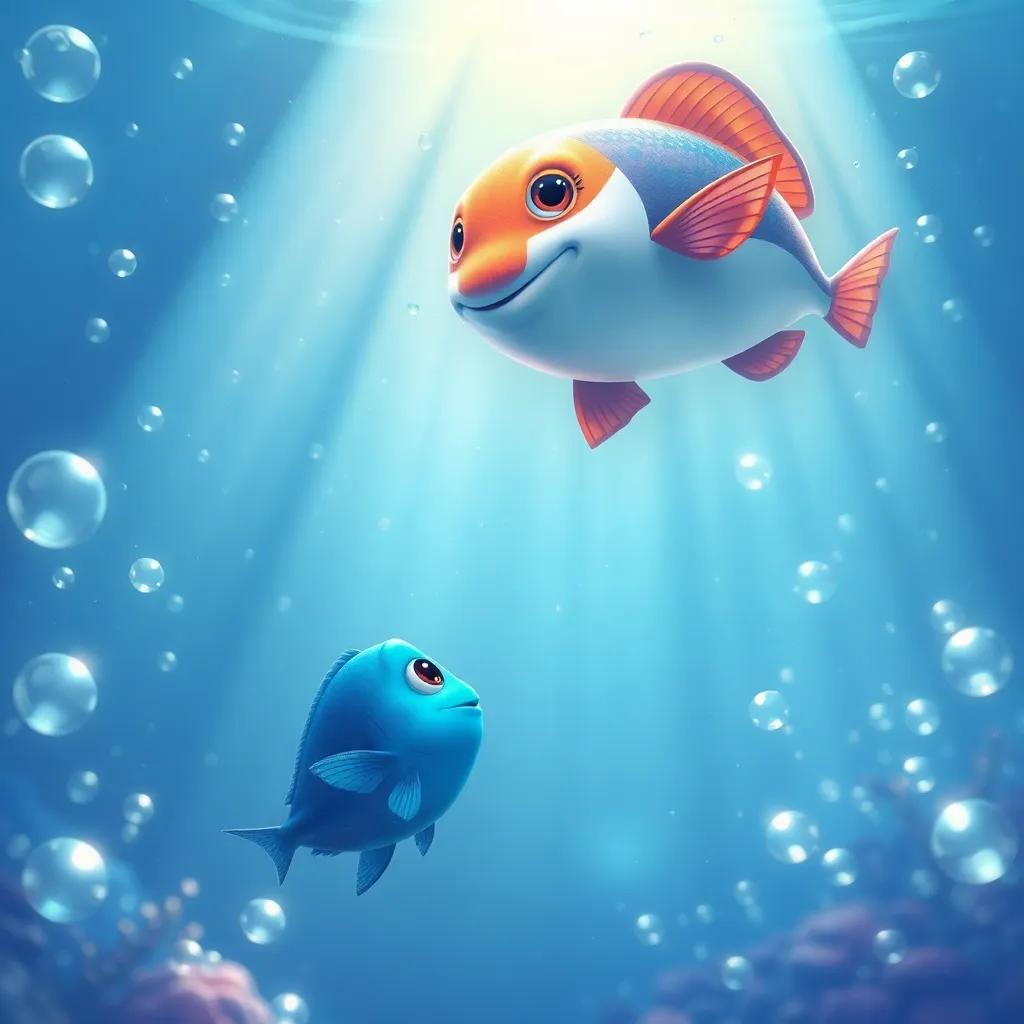 A small blue fish looking up at big fish jumping above, surrounded by bubbles and sunlight filtering through, illustration, magical, child-friendly
