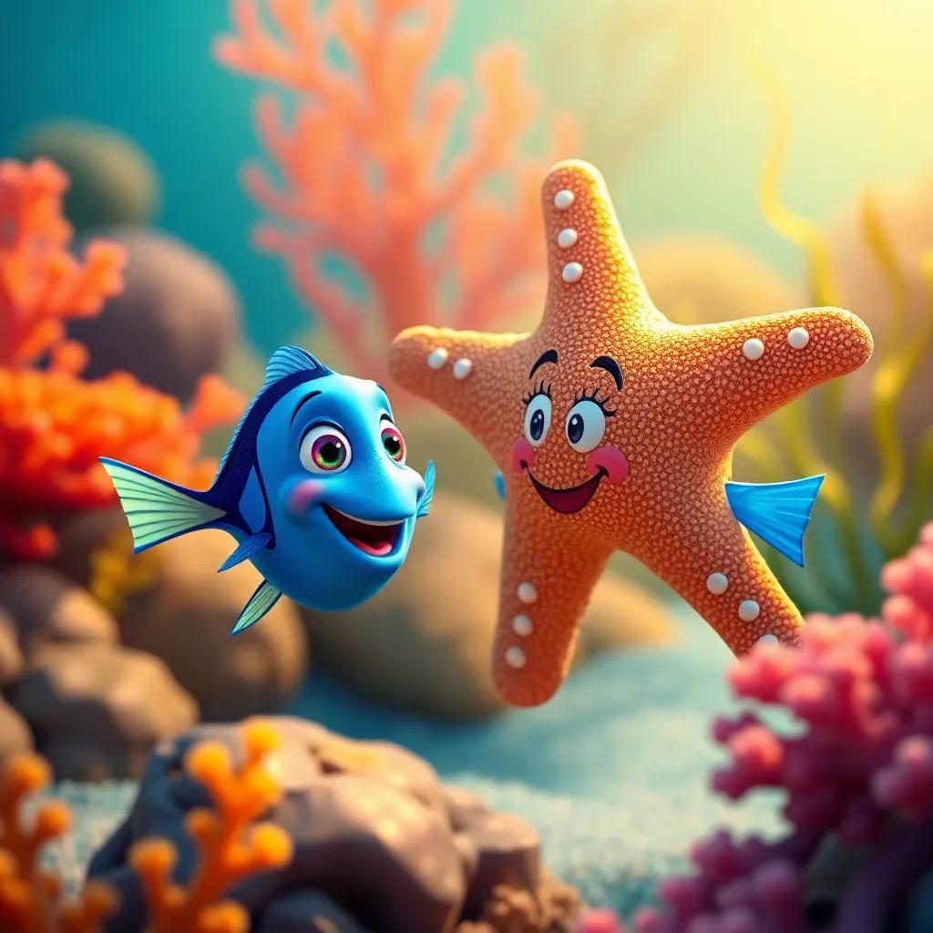 A small blue fish speaking with a smiling starfish, colorful underwater scene with coral and seaweed, warm light, friendly and inviting, high quality