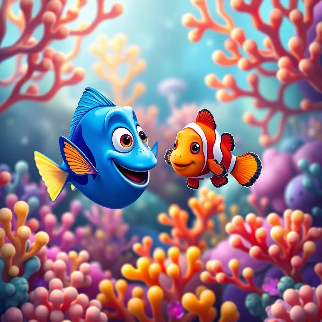 A small blue fish playing with a clownfish in a vibrant coral garden, full of colors and shapes, joyful atmosphere, storytelling view, detailed illustration