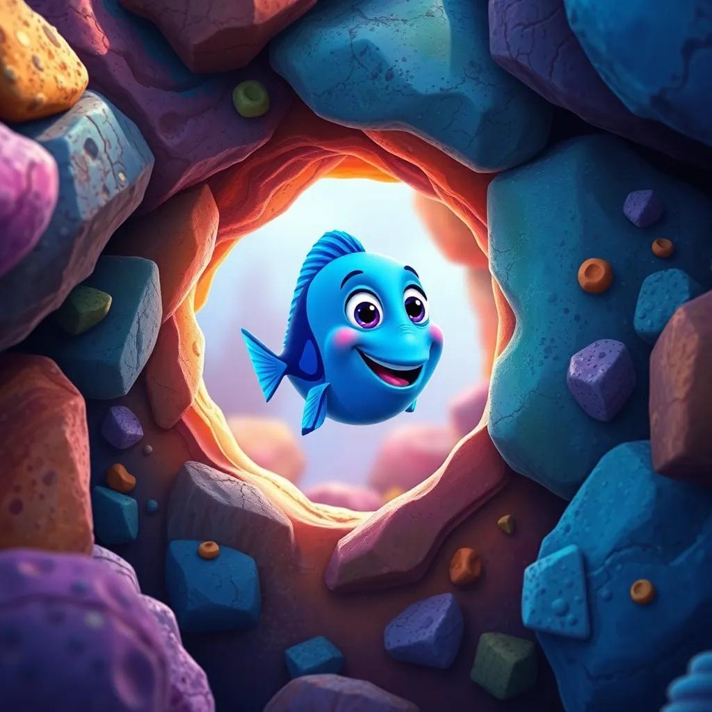 A happy small blue fish swimming through small holes in colorful rocks, exploring hidden corners of the reef, bright colors, playful vibe, charming art