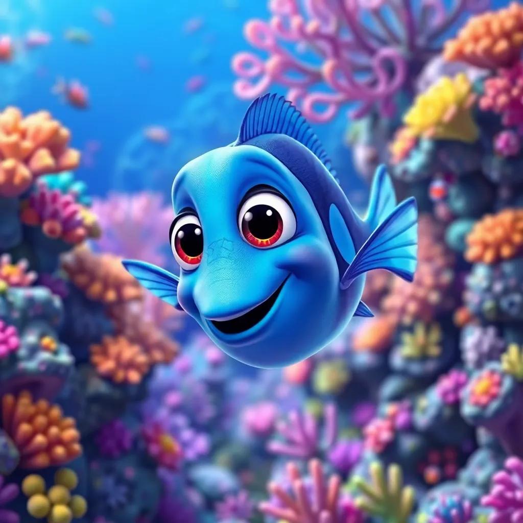 A small blue fish named Pablo with big shiny eyes, swimming in a vibrant coral reef, colorful corals and many creatures around, digital art, lively colors, cheerful atmosphere, high quality