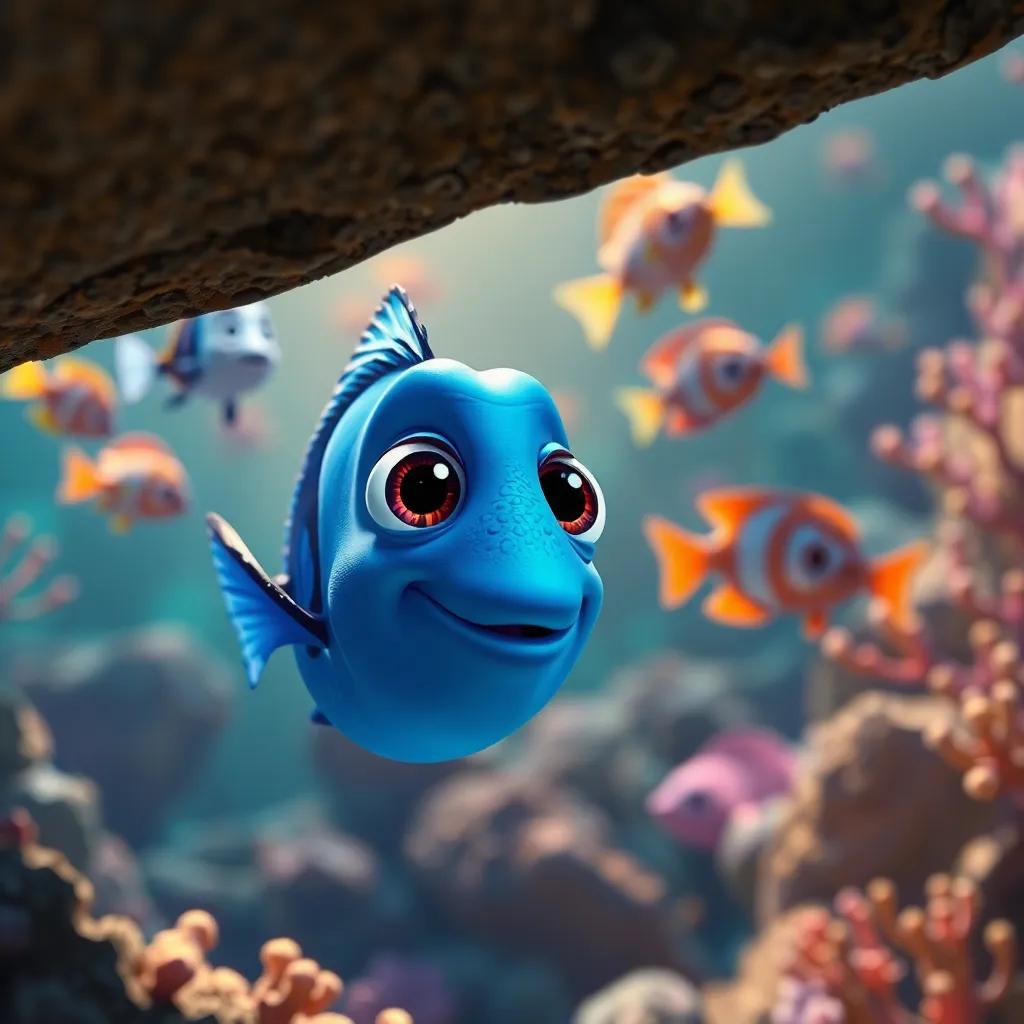 Pablo, a small blue fish with big shiny eyes, hiding behind a rock, watching other fish play in a beautiful reef, soft lighting, warm colors, perspective from below, detailed and engaging