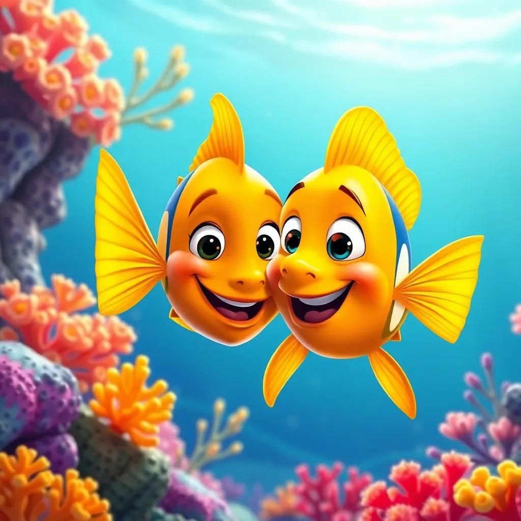 Lucho, a golden fish, smiling and inviting Pablo to play, surrounded by colorful corals, bright and cheerful, underwater scene, playful feel, digital illustration, high quality