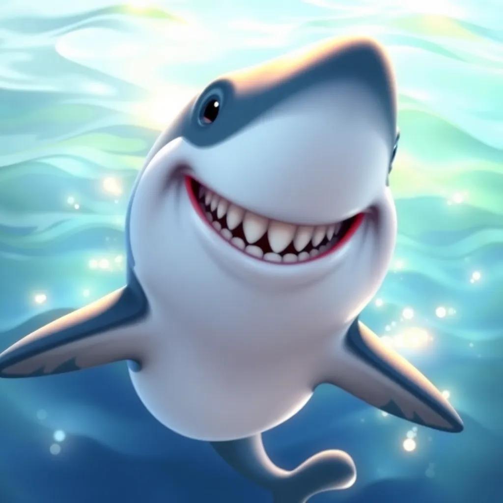 A friendly shark appearing with a big smile, greeting Pablo and Lucho, soft ocean background, bright water effects, digital painting, welcoming and friendly atmosphere, high quality