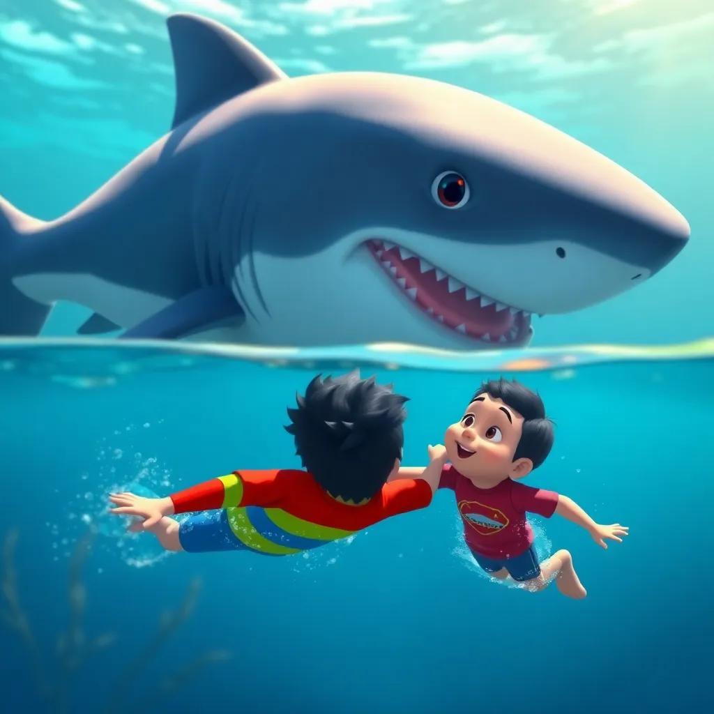 Pablo feeling brave, swimming towards the friendly shark, with Lucho encouraging him from the side, vibrant colors, overcoming fear representation, joyful perspective, high quality