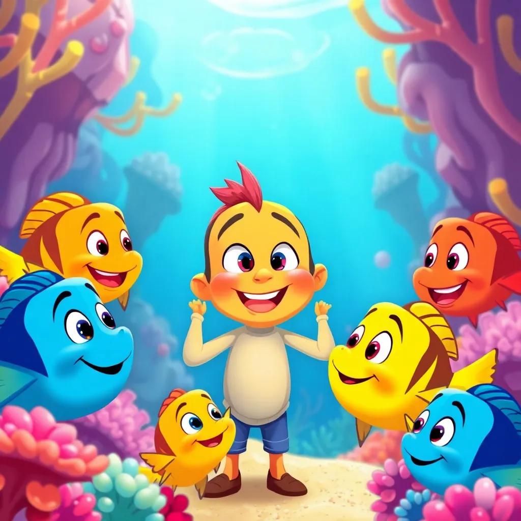 Pablo sharing his adventure story with his colorful fish friends, everyone's faces excited and amazed, cheery reef backdrop, bright and lively colors, heartwarming illustration, high quality
