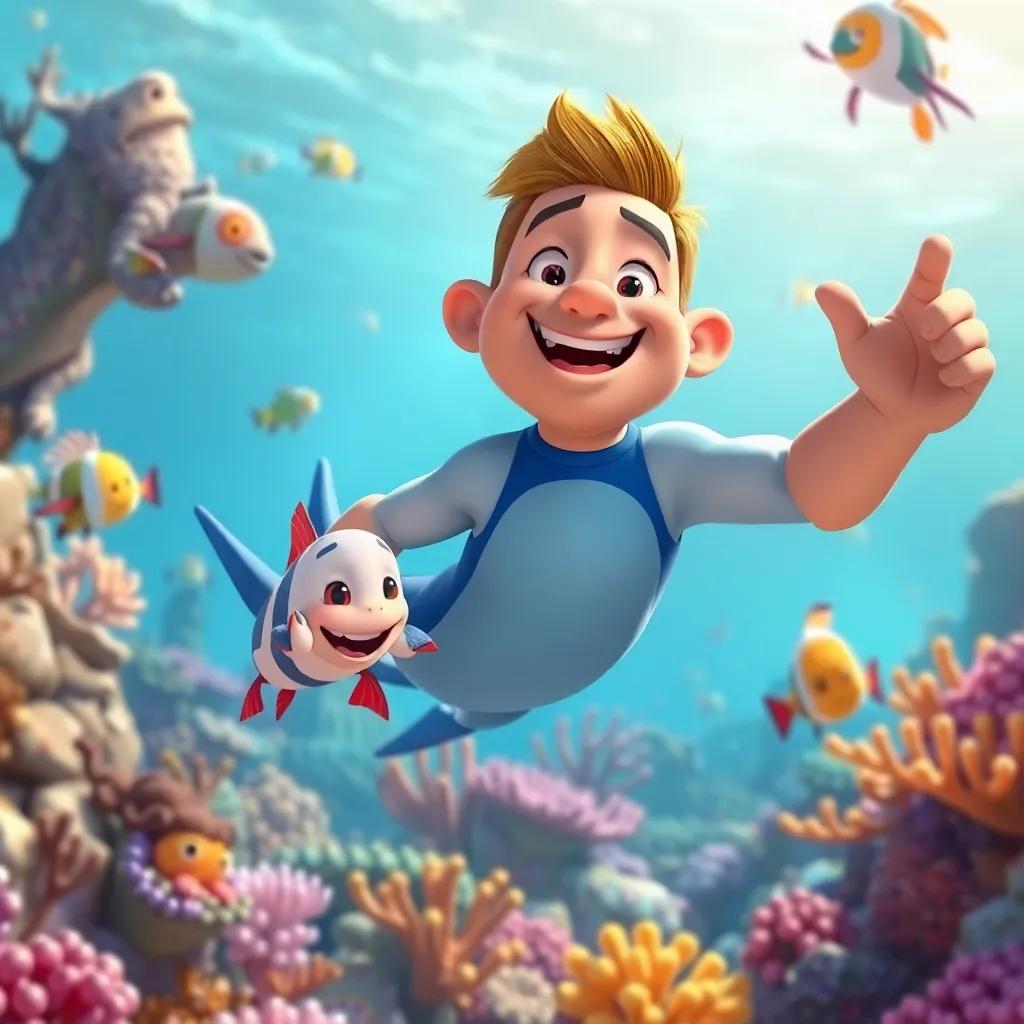 Pablo feeling strong and confident, swimming happily in the reef with his friends, playful sea creatures around, sunny lighting, fun atmosphere, detailed illustration, high quality