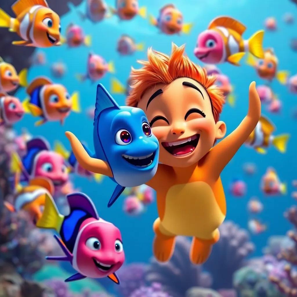Pablo embracing his new bravery, swimming through a playful school of fish, laughter and games in the coral reef, colorful and lively setting, joyful expressions, high quality