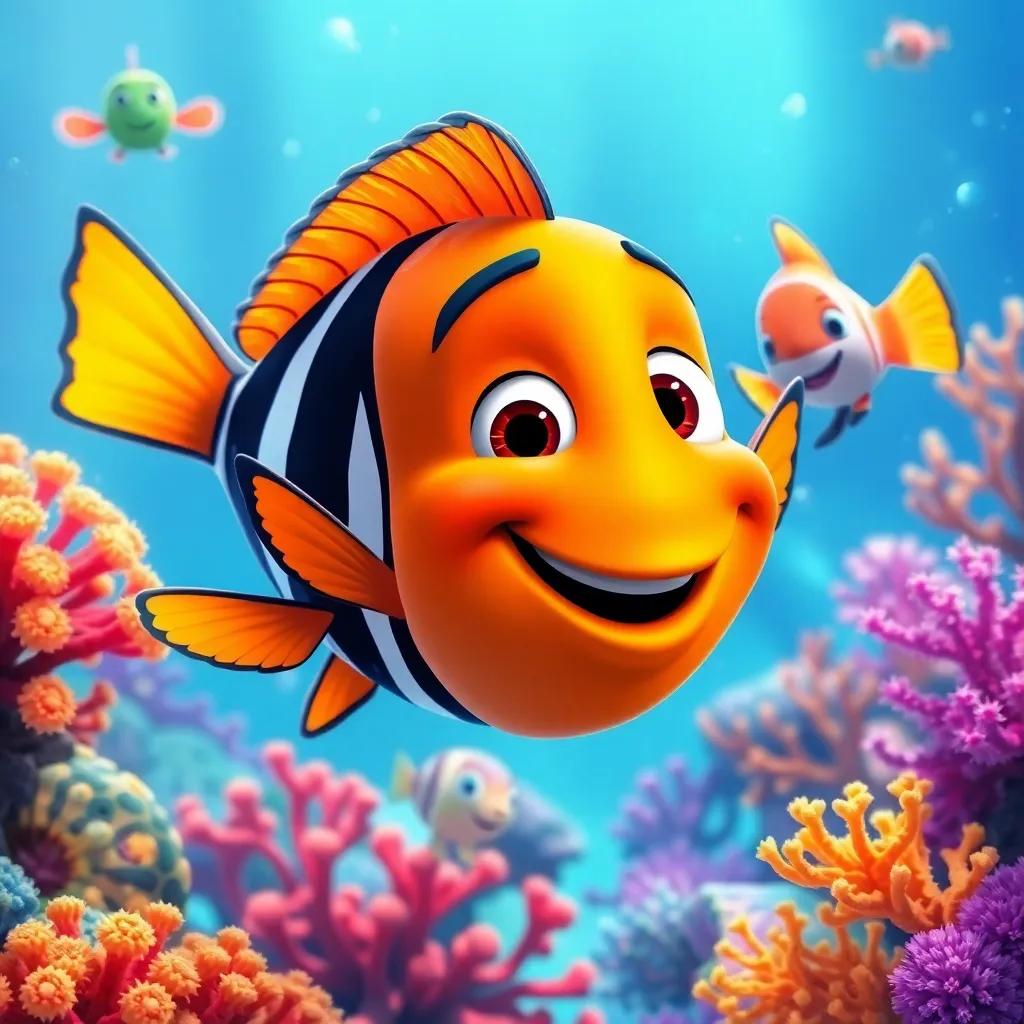 Pablo, the brave little fish, smiling and surrounded by friends, enjoying the adventures of the reef together, colorful corals and bright water, digital art, uplifting and adventurous, high quality
