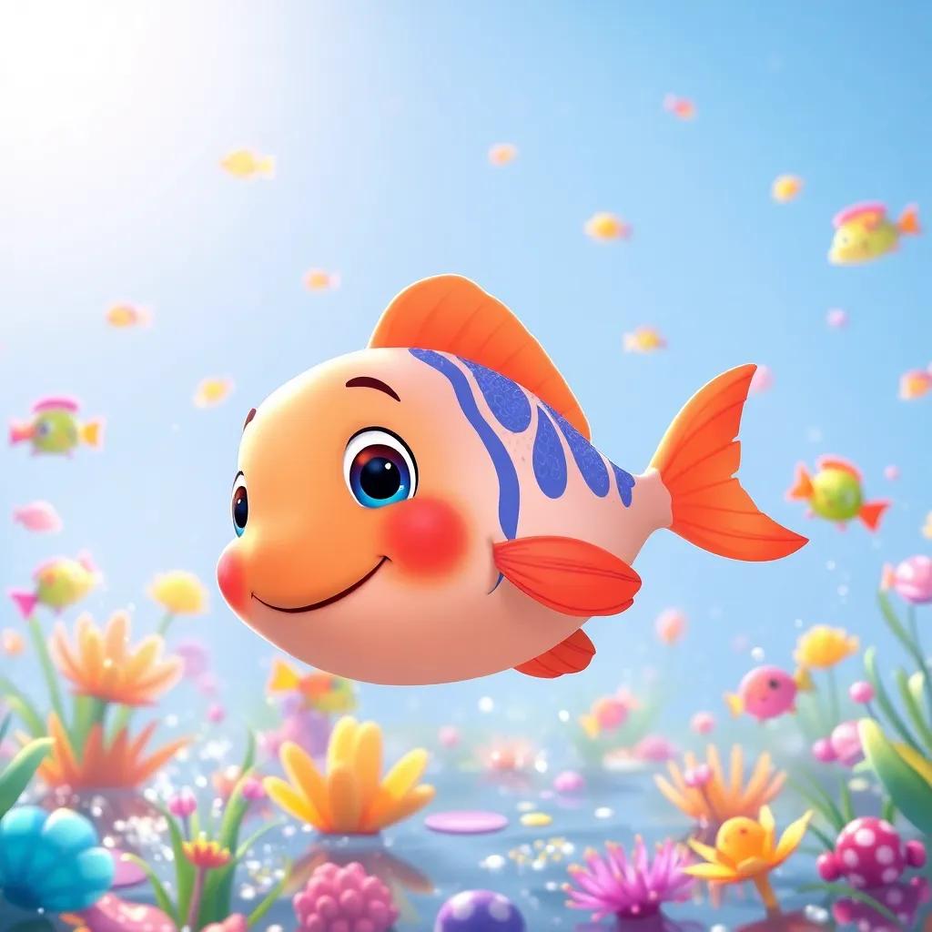 A little fish named Pipo swimming in a sparkling lake, surrounded by colorful fish and plants, under a bright sky, playful animation, cheerful colors, bright and inviting atmosphere, high quality