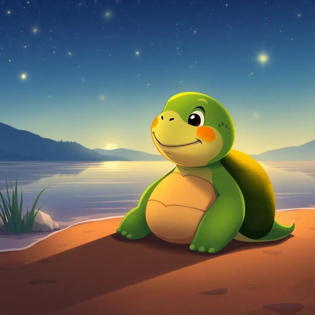 A wise turtle named Tula sitting on the shore of a lake, smiling and looking at Pipo, with bright stars above and a gentle night breeze, friendly illustration, warm colors, engaging atmosphere, high quality