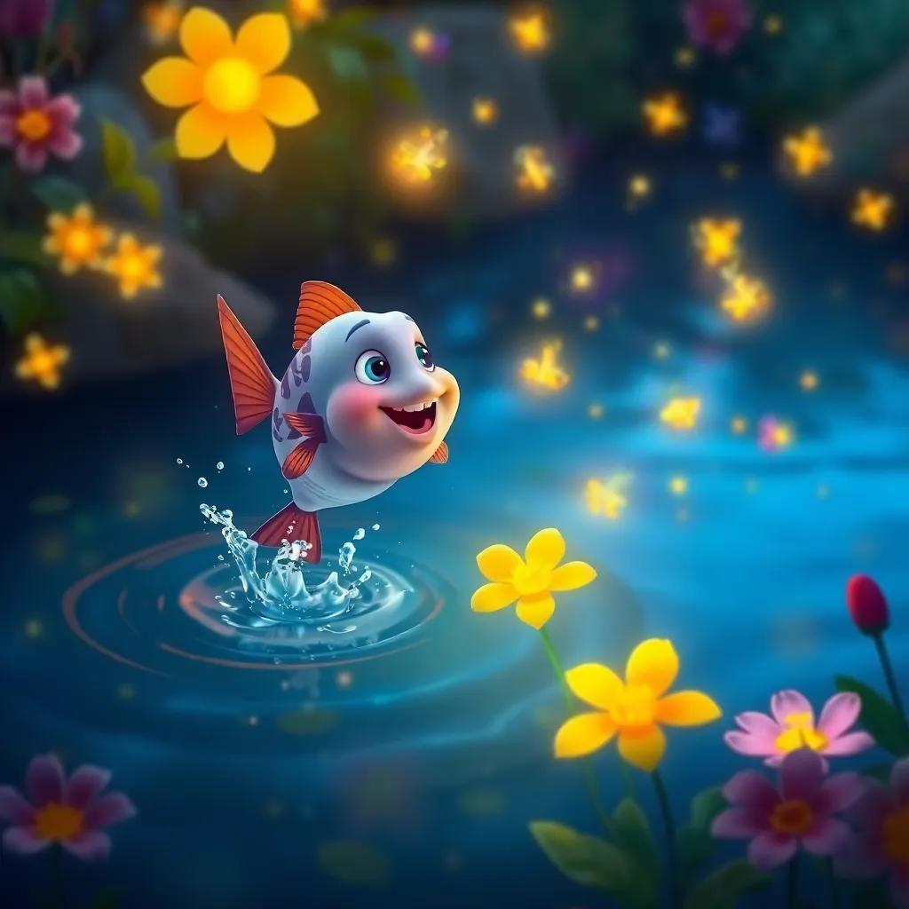 Pipo the fish jumping out of the water, splashing playfully, and looking at glowing fireflies dancing over vibrant flowers, animated scene, colorful and lively, enchanting atmosphere, high quality