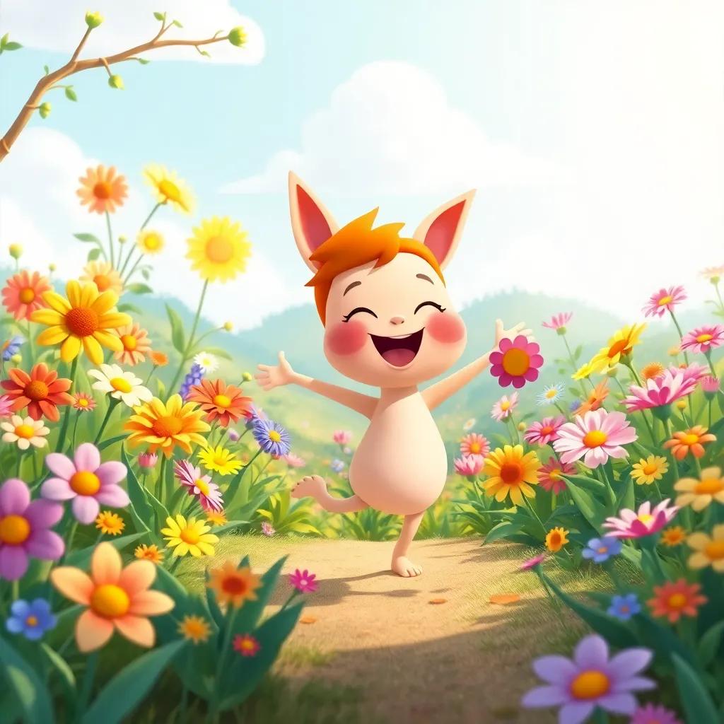 The landscape filled with flowers in different colors, Pipo dancing in joy surrounded by blooming plants on a sunny day, delightful and cheerful illustration, bright colors, inviting and fun, high quality