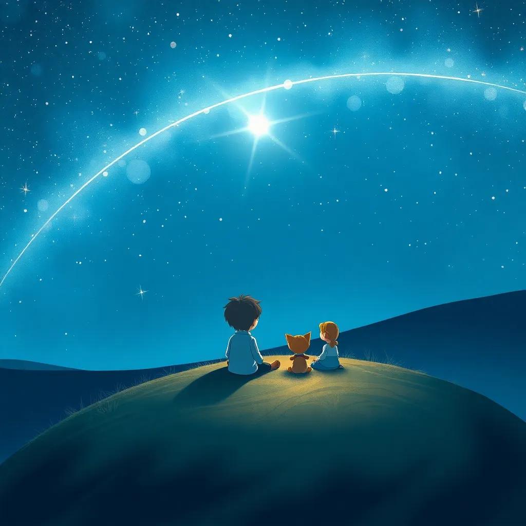 Pipo and Tula sitting on a high hill, watching the starry sky together, with a bright shooting star crossing, magical and cozy illustration, deep blues and bright whites, dreamlike quality, high quality