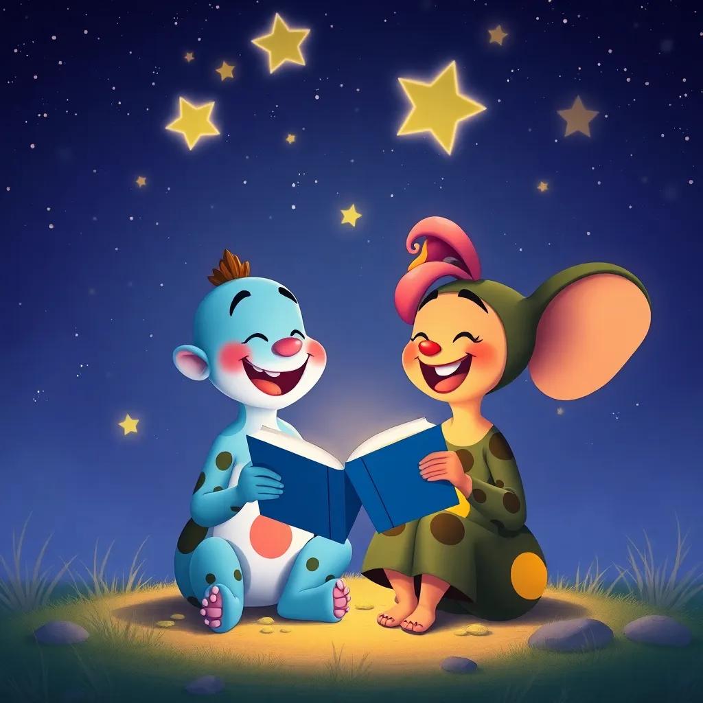 Pipo and Tula telling stories together, both laughing under a starry night sky, creating a warm bond of friendship, vibrant and colorful illustration, inviting and joyful scene, high quality