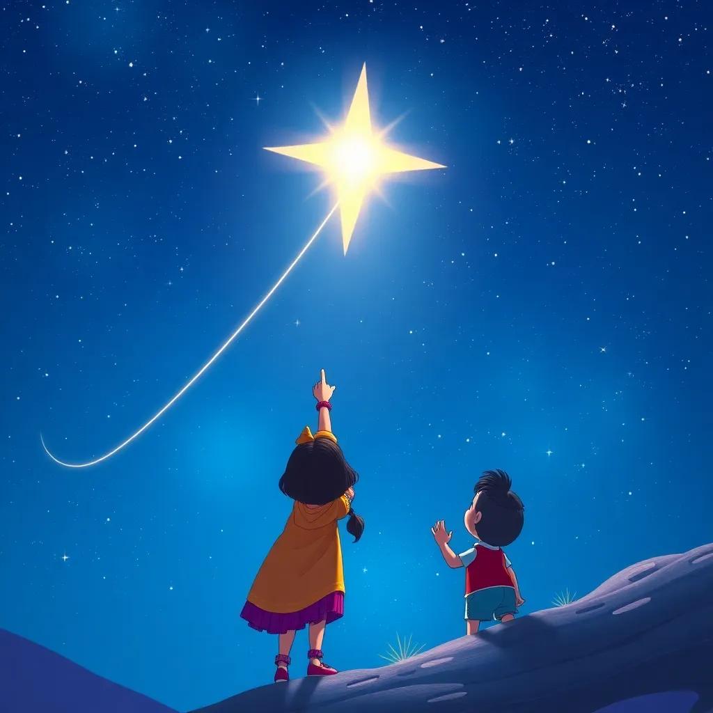A bright shooting star flying across the night sky, with Tula pointing at it while Pipo watches in amazement, colorful illustration, magical feel, captivating atmosphere, high quality