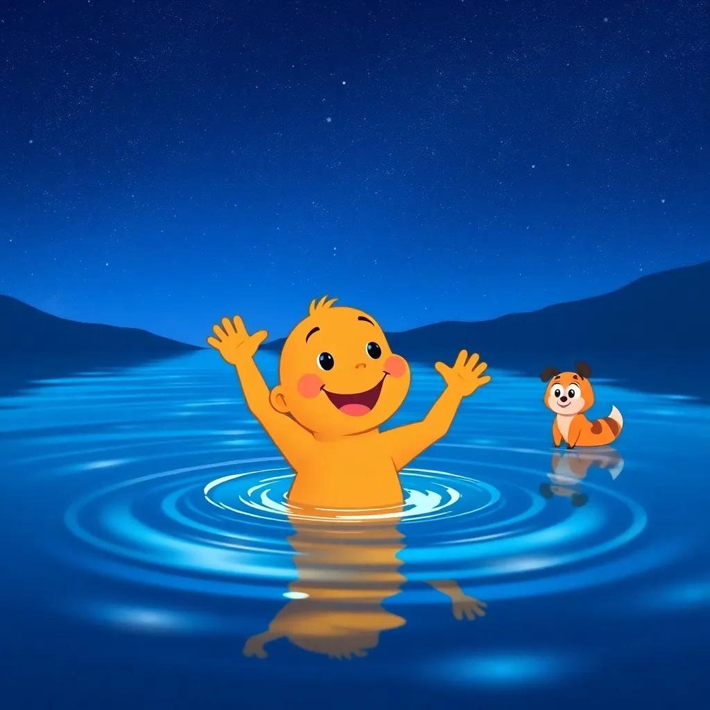 Pipo swimming back to the lake, waving goodbye to Tula, with stars twinkling above, a heartwarming scene, bright colors, cheerful atmosphere, high quality