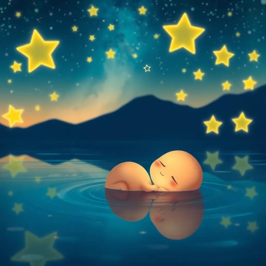 Pipo sleeping peacefully under the water, surrounded by glowing stars reflecting in the lake, showing dreams of adventures, lovely illustration, soothing colors, enchanting vibe, high quality