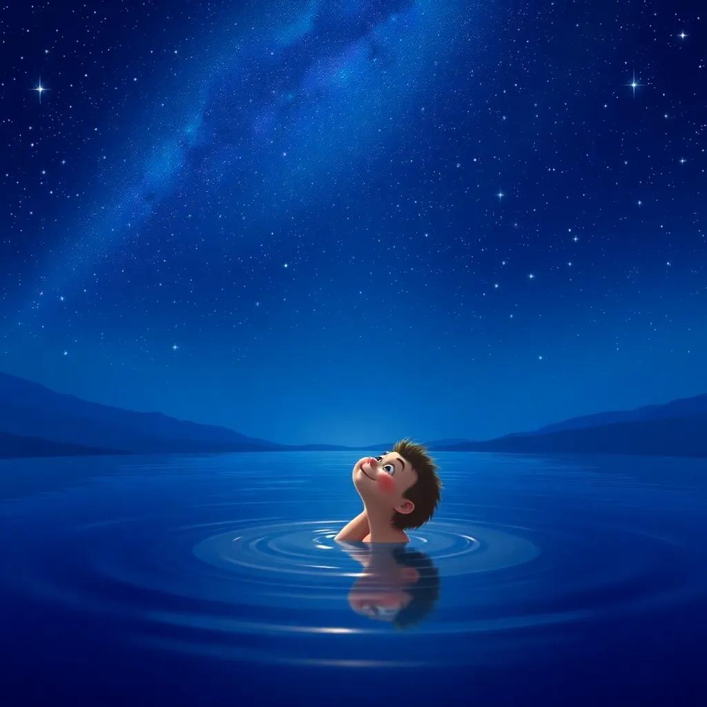 Pipo looking up at the starry sky from within the lake, filled with wonder and joy, magical illustration, vibrant colors, calm and peaceful scene, high quality