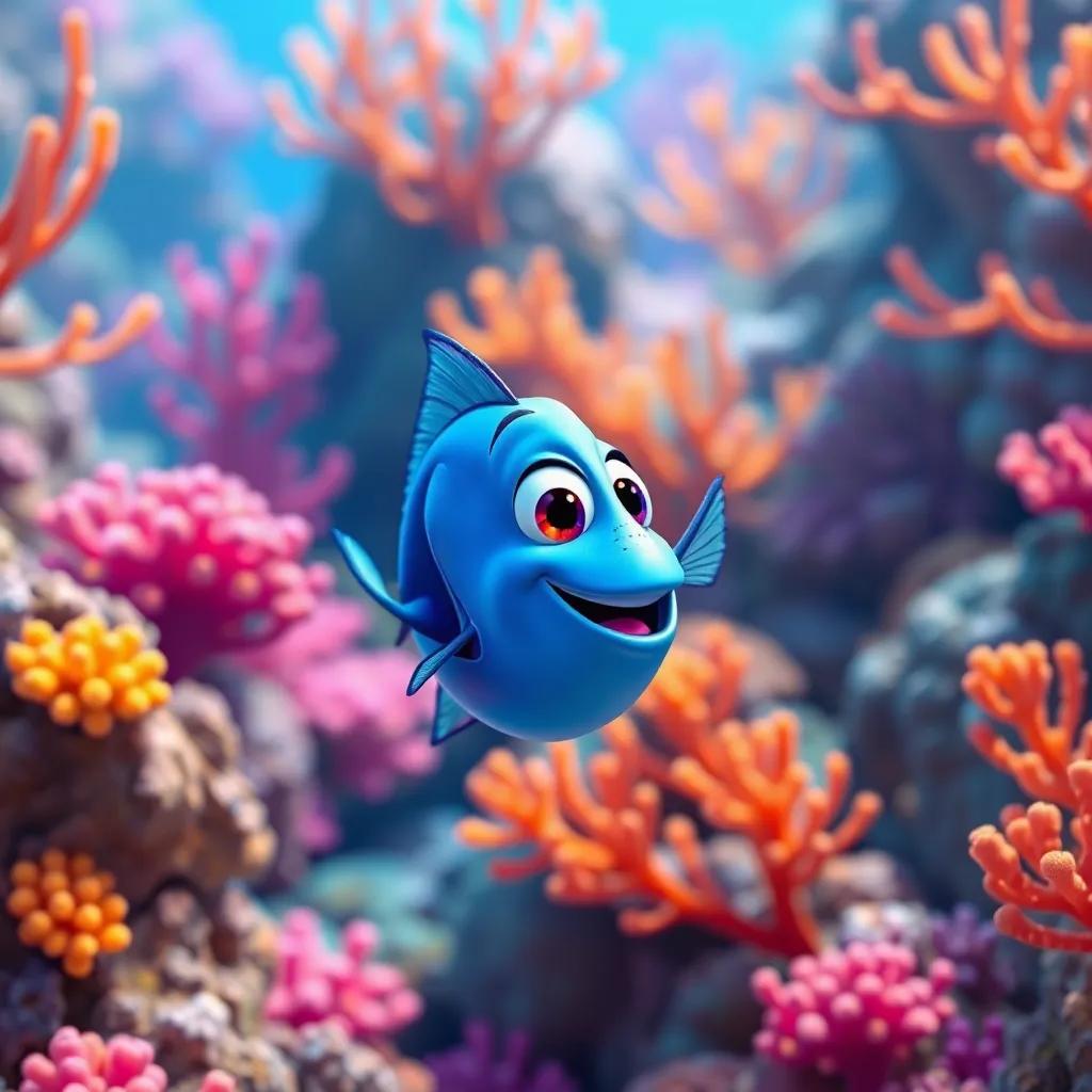 A small blue fish named Peque swimming happily in a colorful coral reef, bright underwater scenery, vibrant sea life around, digital art, cheerful and inviting, high quality