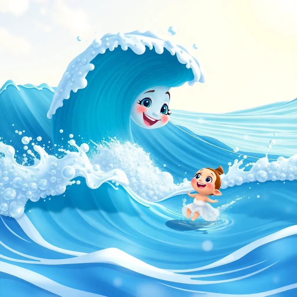 A playful wave named Ola, tall and foamy, wearing a sparkling white bubble dress, splashing water joyfully towards Peque, illustrated scene, bright and sunny, vivid colors