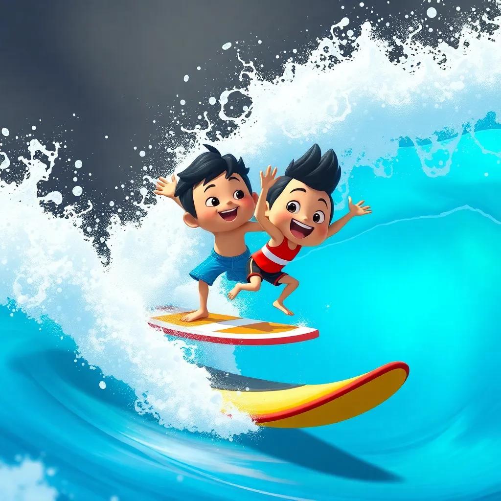 Peque and Ola surfing together on a wave, Peque jumping high in the air, surrounded by splashes of water, digital art, action-packed, energetic atmosphere