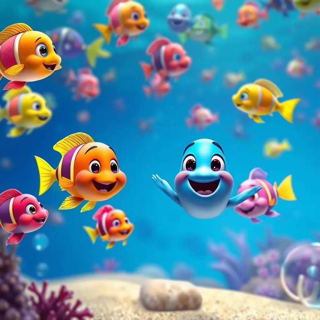 Peque inviting his colorful fish friends, swimming excitedly towards Ola, a scene full of different fish colors, digital art, lively and fun, child-friendly