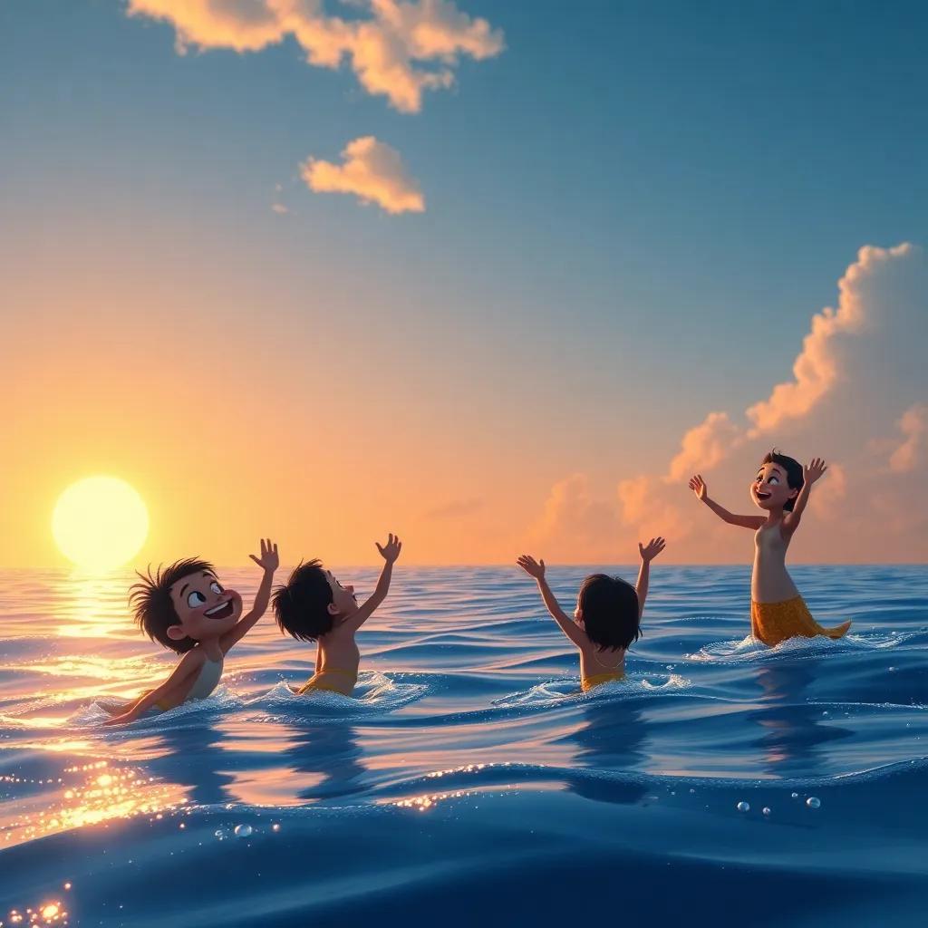 Peque and friends waving goodbye to Ola as they swim home, glistening ocean and golden sunset, vibrant art, heartwarming farewell scene
