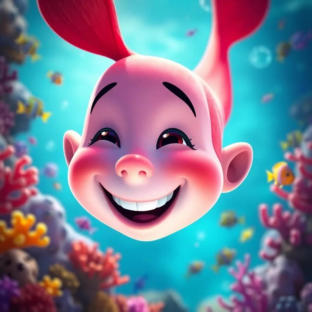 Close-up of Peque's joyful face underwater, remembering the fun moments with Ola, surrounded by colorful coral and fish, bright and cheerful digital art