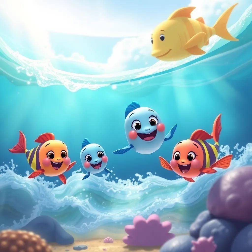 Peque and his friends happily swimming home, ready for new adventures, waves gently flowing around them, colorful and lively ocean scene, heartwarming