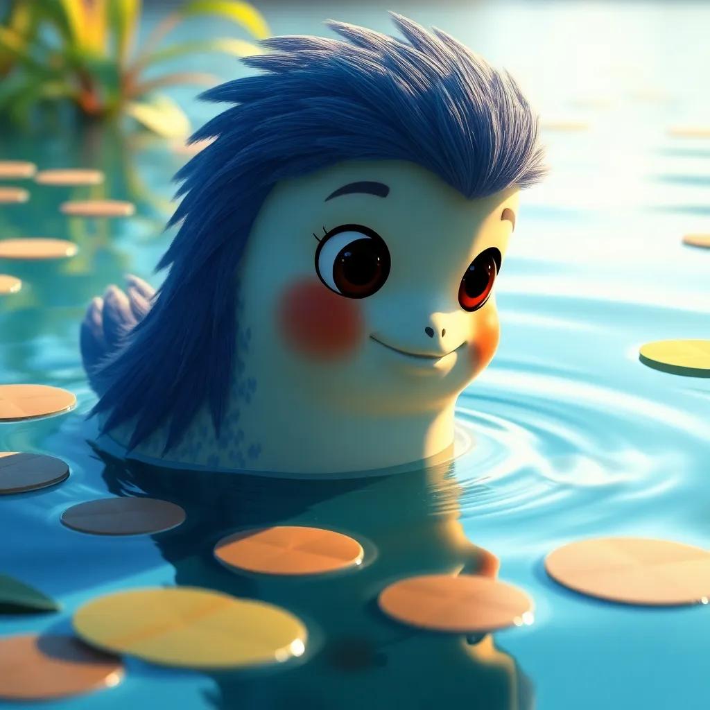 Un pequeño pez llamado Pepe, nadando en un lago tranquilo con aguas azules y suaves plantas, estilo digital, colores brillantes, luz suave, perspectiva cercana, alta calidad