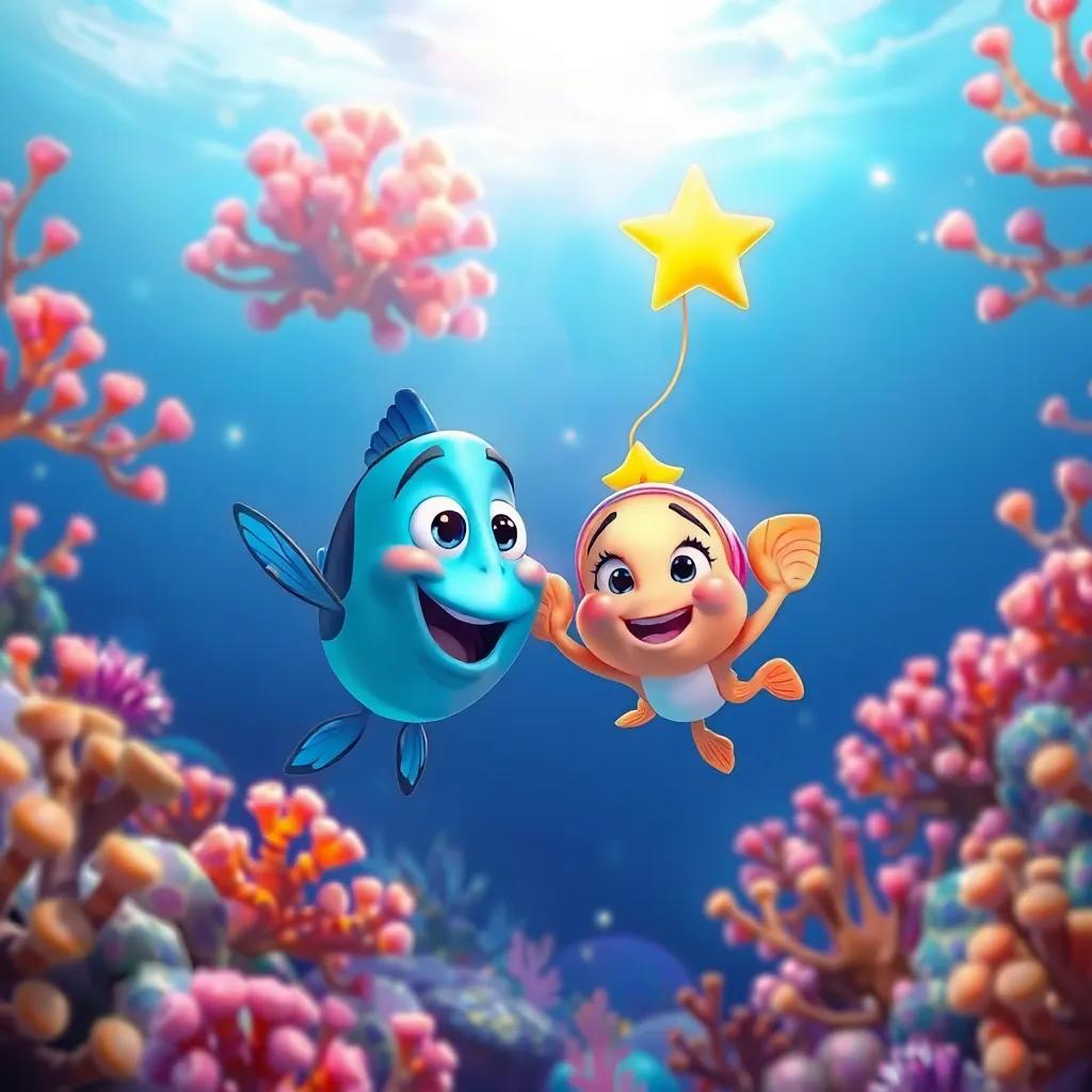 Pepe el pez con Estela la estrella de mar, nadando juntos, alrededor de corales y burbujas, ilustración alegre, colores vibrantes, luz brillante, enfoque en los personajes