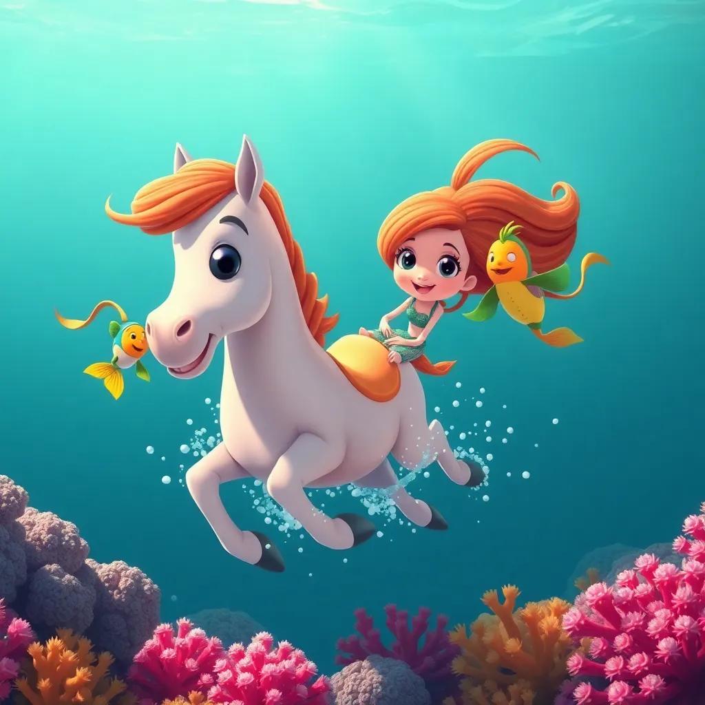 Carlos el caballito de mar, amistoso y tímido, nadando con Pepe y Estela, en un hermoso arrecife de coral, detalle claro, alegre, colores marítimos