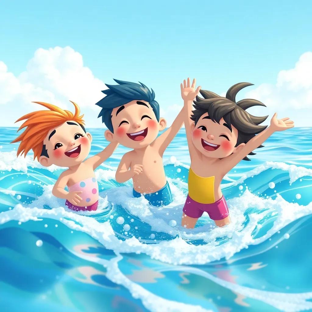 Los tres amigos nadando felices con delfines jugando, saltando sobre las olas, vibrante y lleno de alegría, ilustración enérgica, alta calidad, ambiente divertido