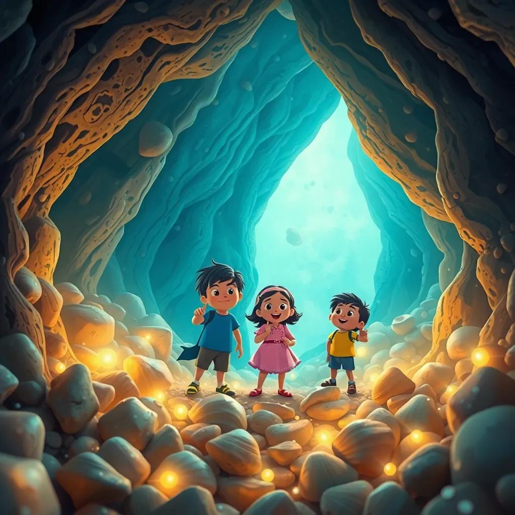 Pepe, Estela y Carlos explorando una cueva llena de tesoros marinos, conchas brillantes y perlas, iluminada suavemente, mágico y encantador, ilustración detallada, enfoque en el tesoro