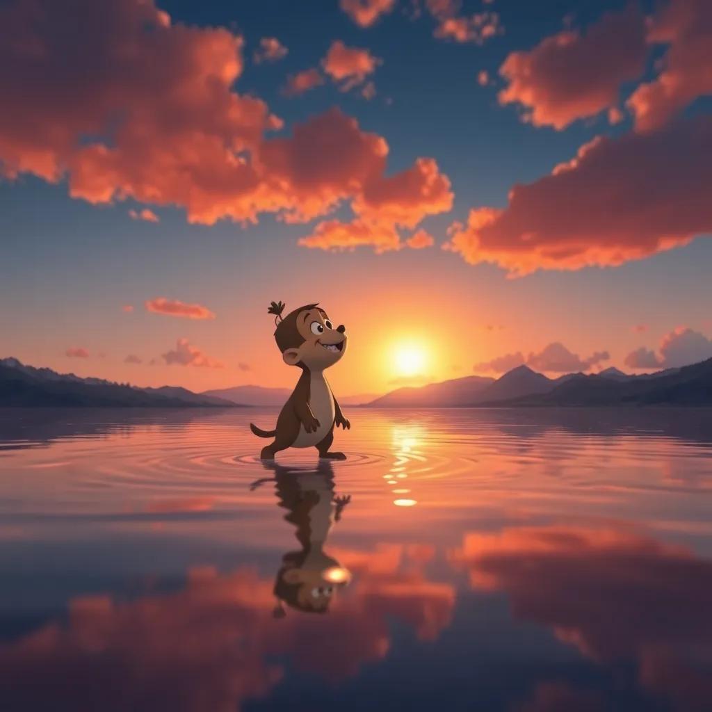 Pepe regresando al lago al atardecer, con una sonrisa de felicidad, el cielo anaranjado reflejándose en el agua, cálido y acogedor, ilustración tierna, alta calidad, perspectiva nostálgica