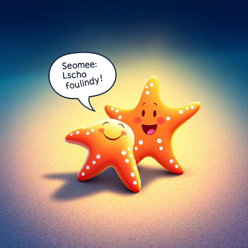 A starfish, Estela, shining brightly with a friendly smile, saying something encouraging to Lucho, set against a shimmering sandy ocean floor, colorful illustration, warm light, inviting scene