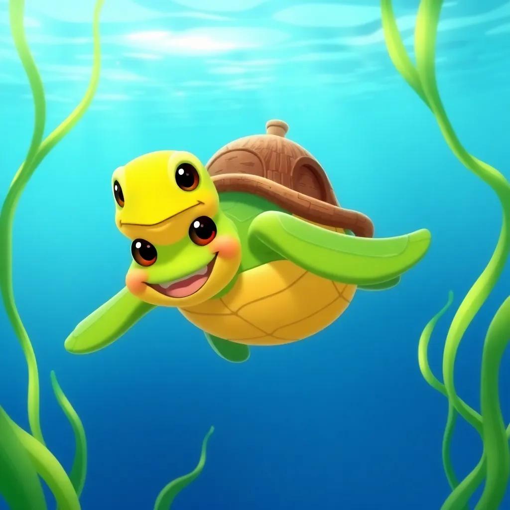 A friendly turtle, Tito, with a big grin and a home on his back, swimming alongside Lucho in the clear water, surrounded by green seaweed, playful art style, bright colors, joy and friendship