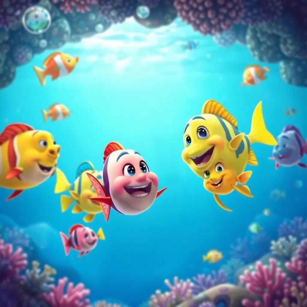 A group of colorful fish playing in the ocean, lively and cheerful atmosphere, with Lucho joining them, surrounded by a vibrant reef, illustration, bright and colorful, fun