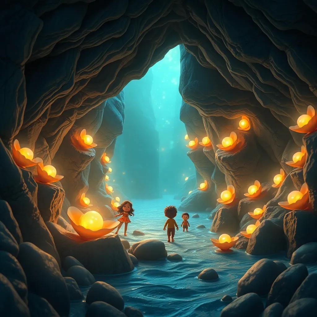A mysterious cave in the ocean with glowing shells and pearls, Lucho and his friends entering curiously, magical ambiance, detailed art, enchanting light, adventure