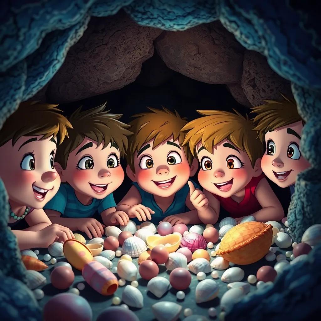 Lucho and his friends discovering a treasure of shells and pearls in the cave, faces full of wonder and excitement, vibrant colors, heartwarming scene, detailed visualization