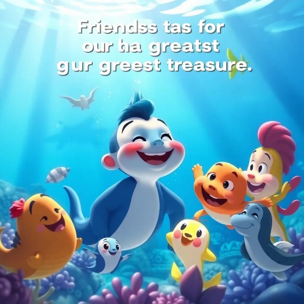Lucho realizing that Friends are his greatest treasure, smiling joyfully surrounded by his friends, in a beautiful underwater setting, illustration, vibrant colors, uplifting atmosphere