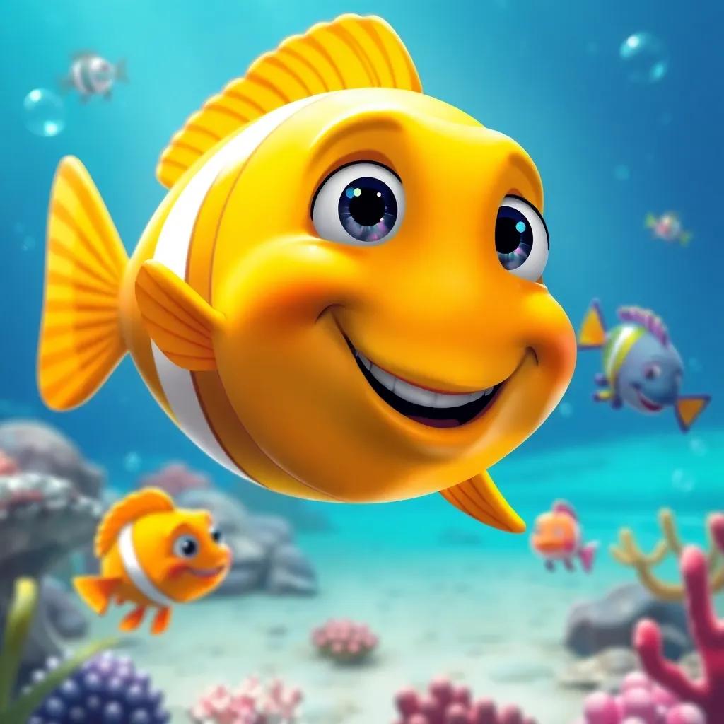 Lucho, a golden fish, swimming happily with a big smile and colorful friends, exploring the ocean together, joyful setting, digital art, bright and inviting