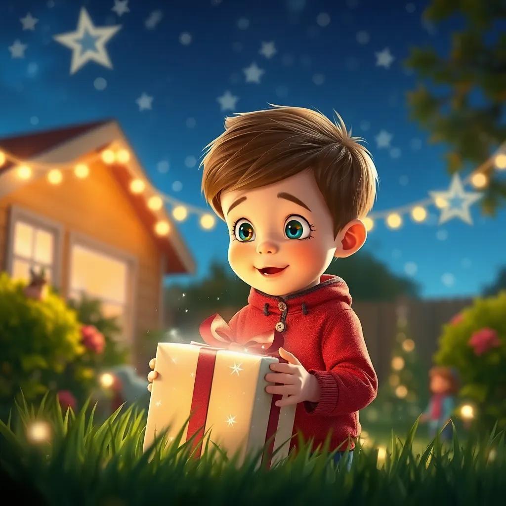 Una noche clara con estrellas brillantes en el cielo, un niño llamado Lucas, de cabello castaño y piel clara, agachándose en su jardín con una expresión de sorpresa al encontrar un regalo envuelto en papel plateado, digital art, vibrante, luces mágicas, vista cercana, alta calidad