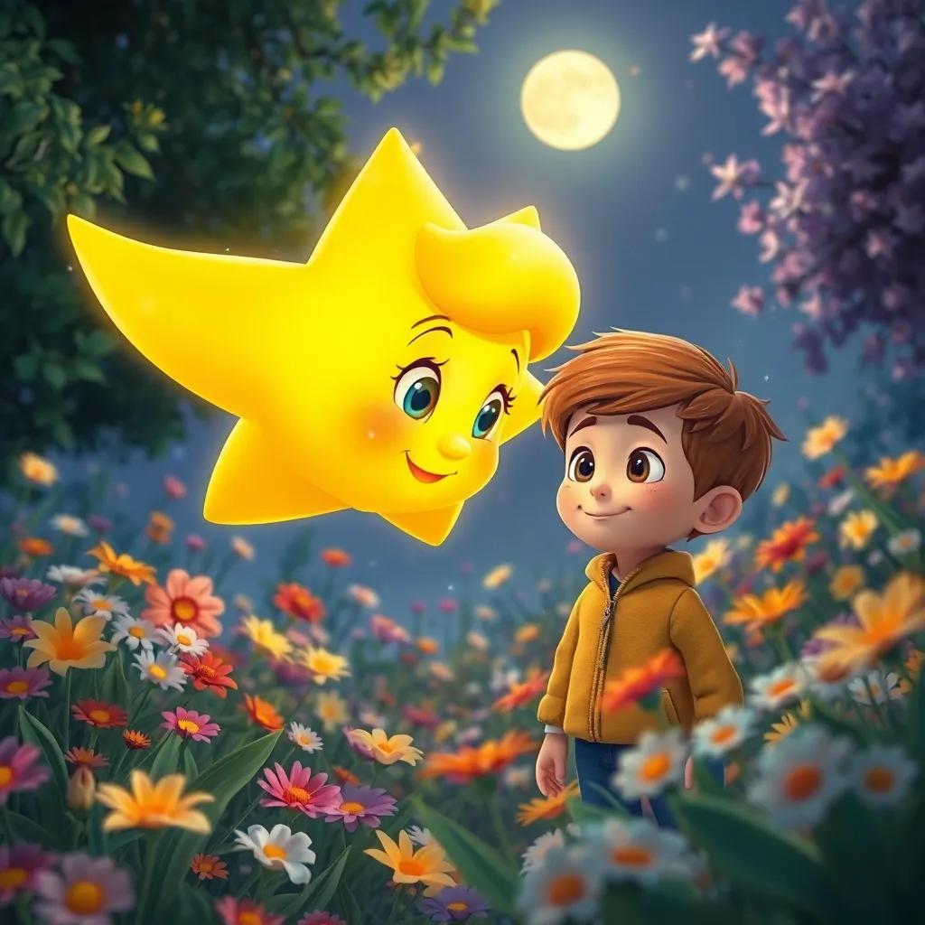 Estrella dorada con ojos brillantes y sonrisa, flotando ante Lucas, el niño con cabello castaño, en un jardín lleno de flores coloridas, con la luna de fondo, ilustración, alegre y mágica, fría, perspectiva clara, fantasía