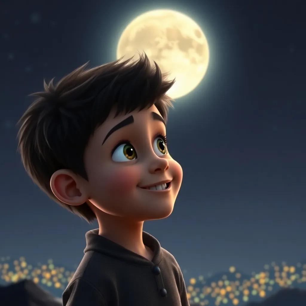 La luna con rostro amable, mirando a Lucas y Estrellita, un paisaje de estrella que brilla en el fondo, el niño de cabello castaño con una expresión de asombro y felicidad, arte digital, luminoso, alegre, alto contraste, vista amplia