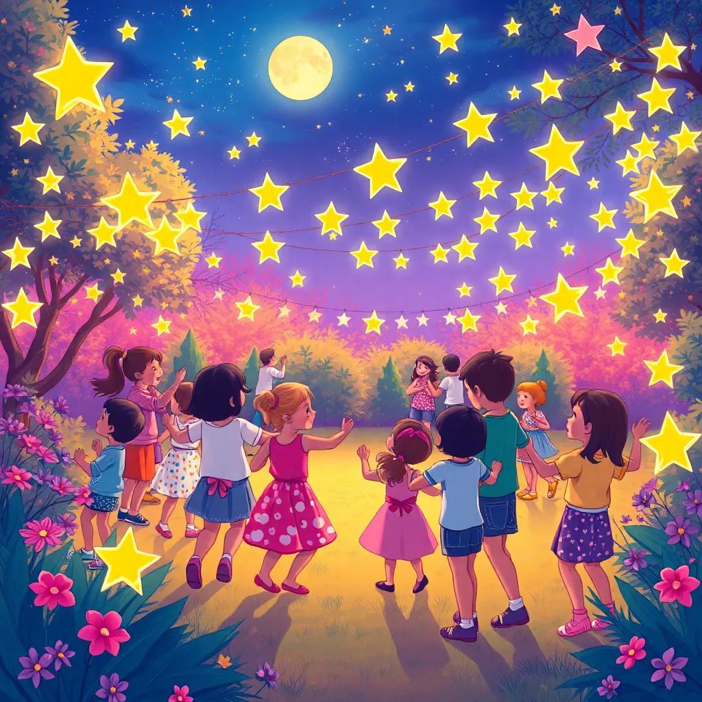 Fiesta de estrellas con muchos niños, todos riendo y bailando en el jardín, las estrellas brillando en cielo y la luna sonriendo en el fondo, un ambiente festivo y colorido, ilustración, vibrante, cálidas, vista amplia, calidad muy alta