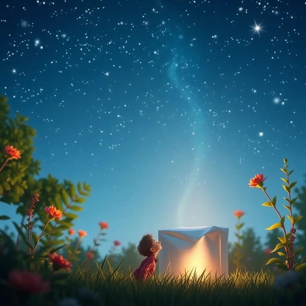 A young boy, Lucas, looking up at a clear night sky filled with sparkling stars, a mysterious silver package glowing faintly in his garden, digital art, whimsical and magical, warm light, inviting atmosphere, high quality