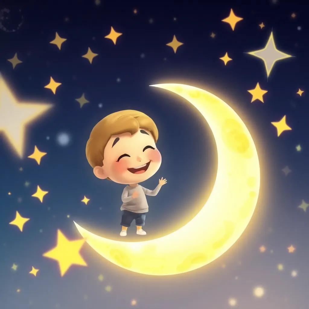 A magical small figure of the moon, Luna, smiling warmly to Lucas, surrounded by sparkling stars, bright and colorful, cheerful atmosphere, high quality